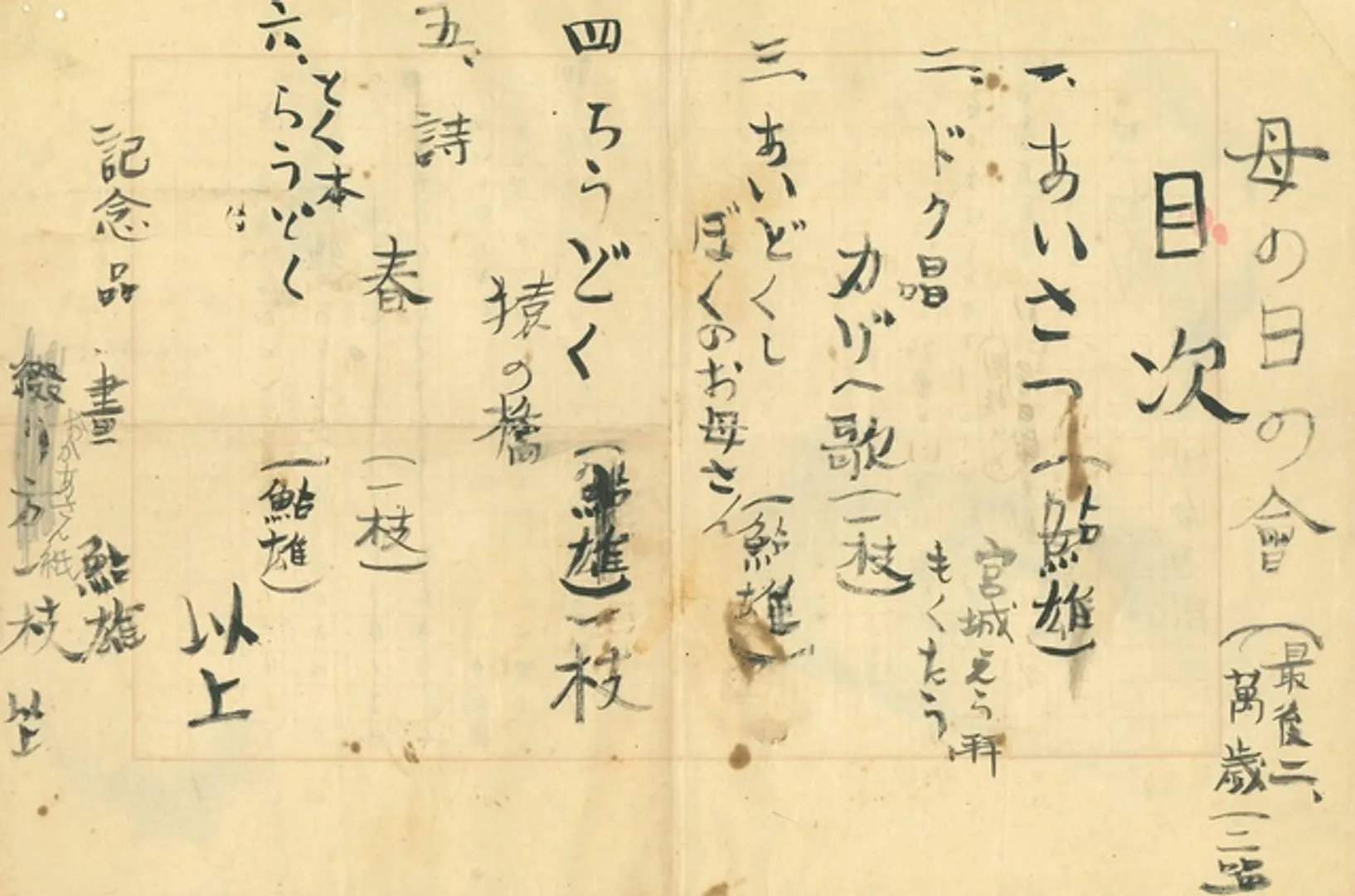 尾崎一雄家の「母の日の会　目次」　昭和18年　小田原文学館蔵