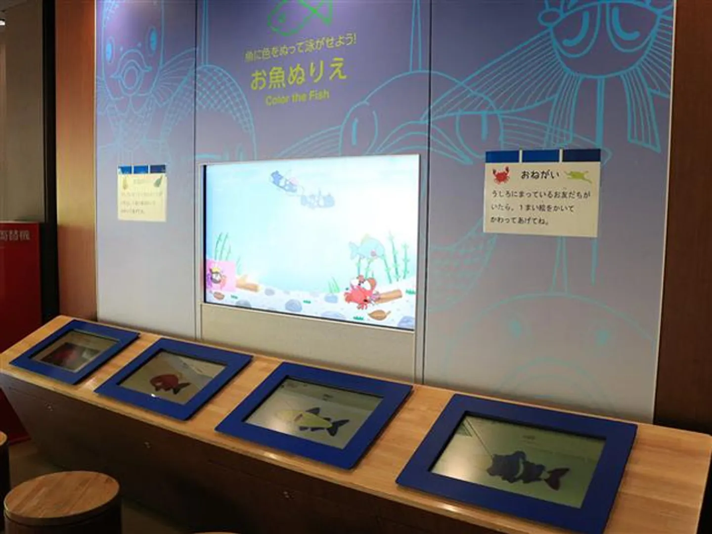 タッチパネルで魚に色を塗りながら、生き物の体色や形について楽しみながら学習できる「お魚ぬりえ」