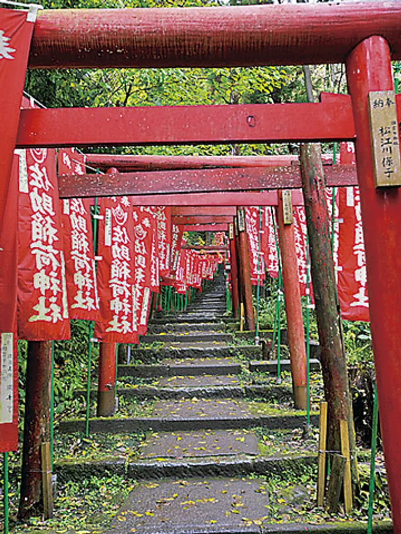 住宅地に突然姿を現す赤い奉納鳥居は幽玄な雰囲気を醸し出す