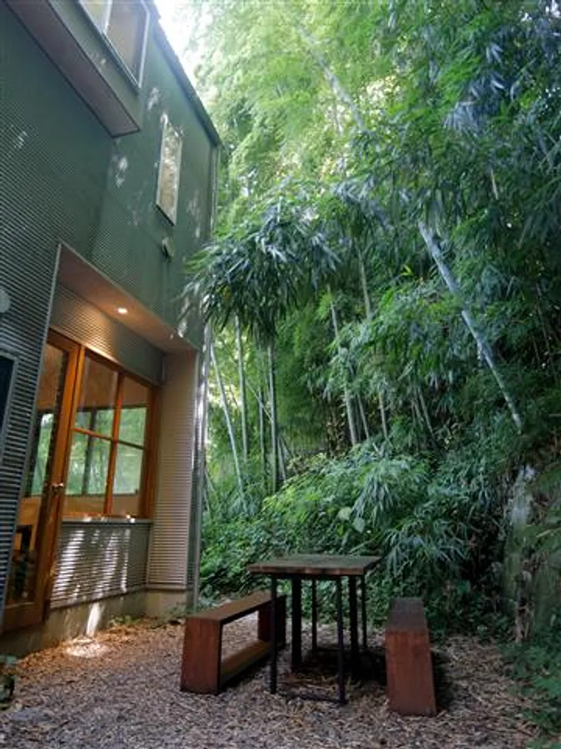 窓の外に竹林が広がる優美なカフェ空間