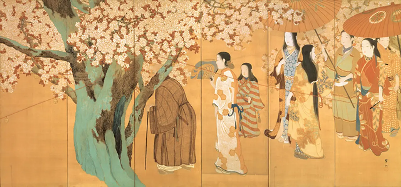 《護花鈴》 絹本着色・六曲屏風一双（図は右隻）　明治44年（1911）　各170.2×364.4cm 霊友会妙一コレクション（展示期間：4月25日～5月8日）