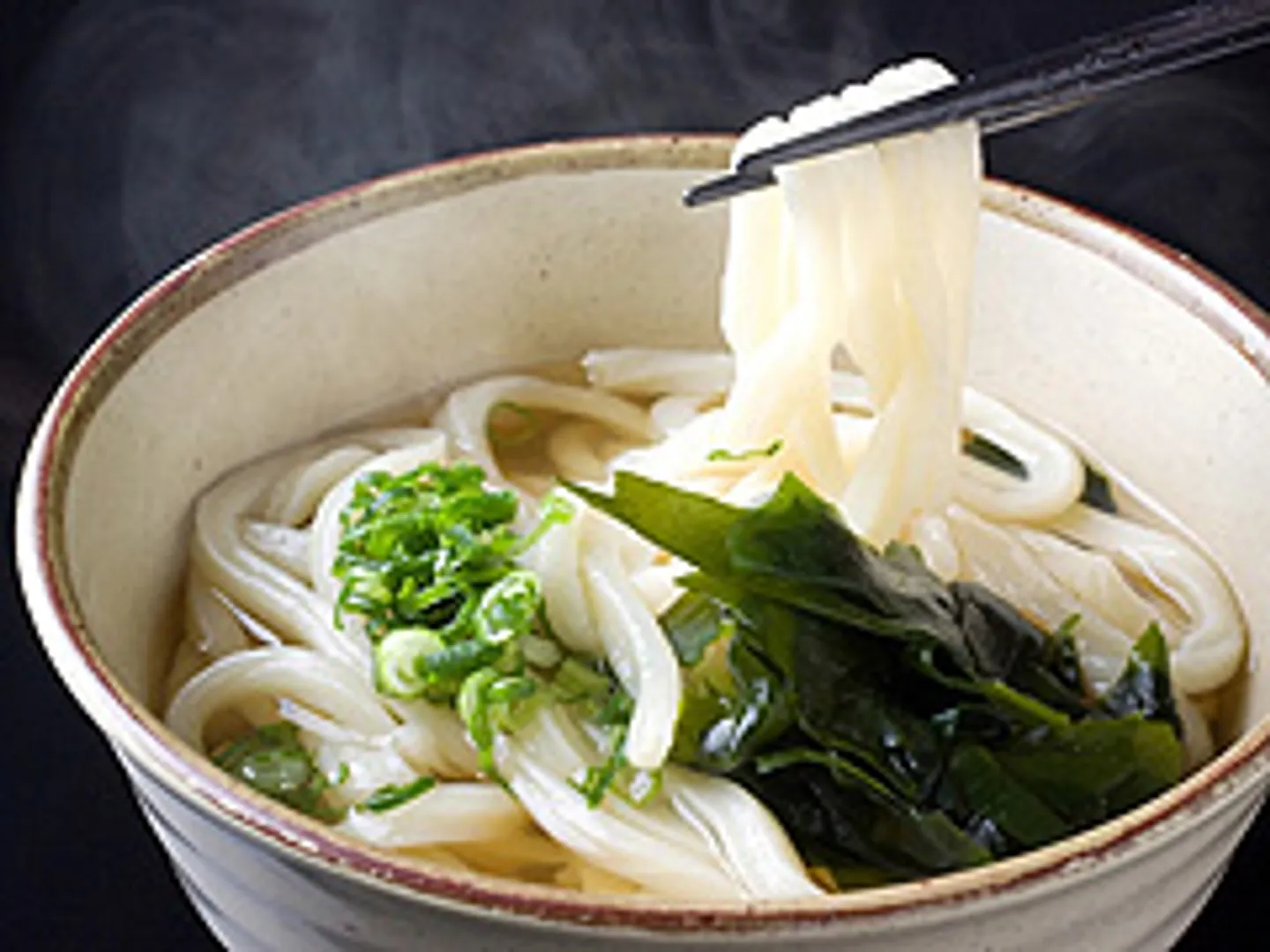 厳選した小麦粉と特製の塩、水にこだわった自家製麺。おいしさの原点かけうどん460円