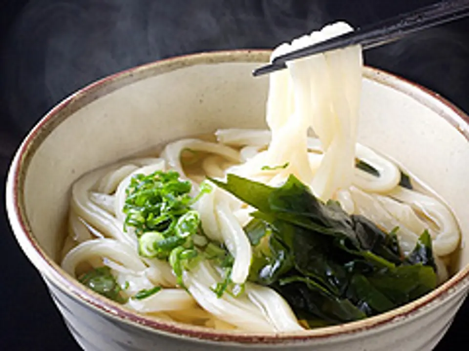 厳選した小麦粉と特製の塩、水にこだわった自家製麺。おいしさの原点かけうどん460円