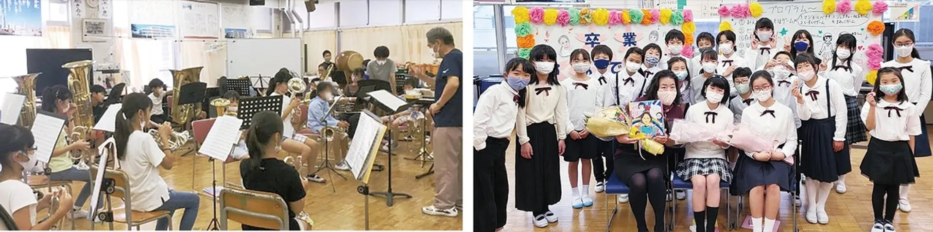 金管バンド部（左）と合唱部。音楽が大好きな児童が集まっている