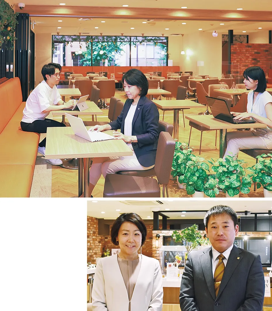 （写真上）コワーキングルーム利用イメージ。（写真下）近藤さん（左）とホテル事業部部長の土橋潤一さん