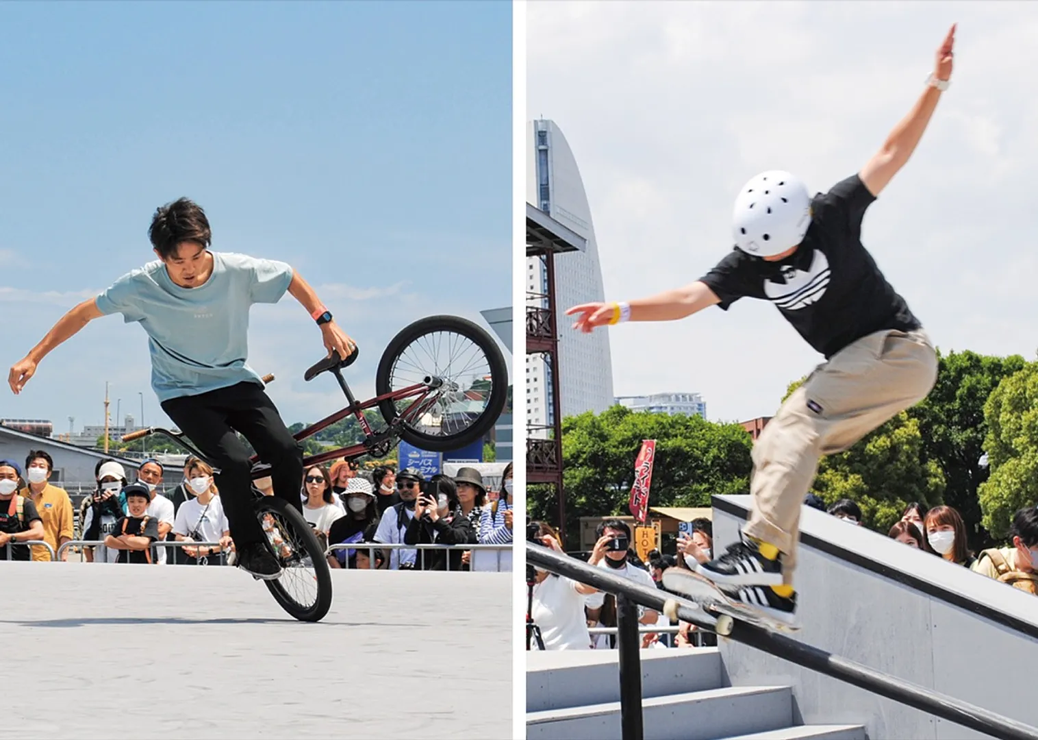 会場で披露されたBMX（左）やスケートボード。スケートボードには東京五輪金メダルの西矢選手（右）も参加した