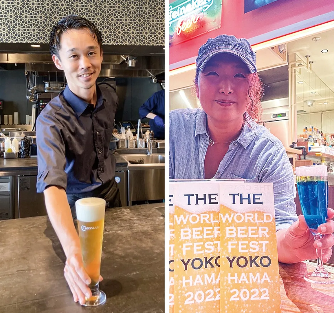自慢のビールを片手にカールヴァーンの岩田店長（左）とアロハカフェオーナーの河原さん。営業時間は11時〜22時（土日祝23時）