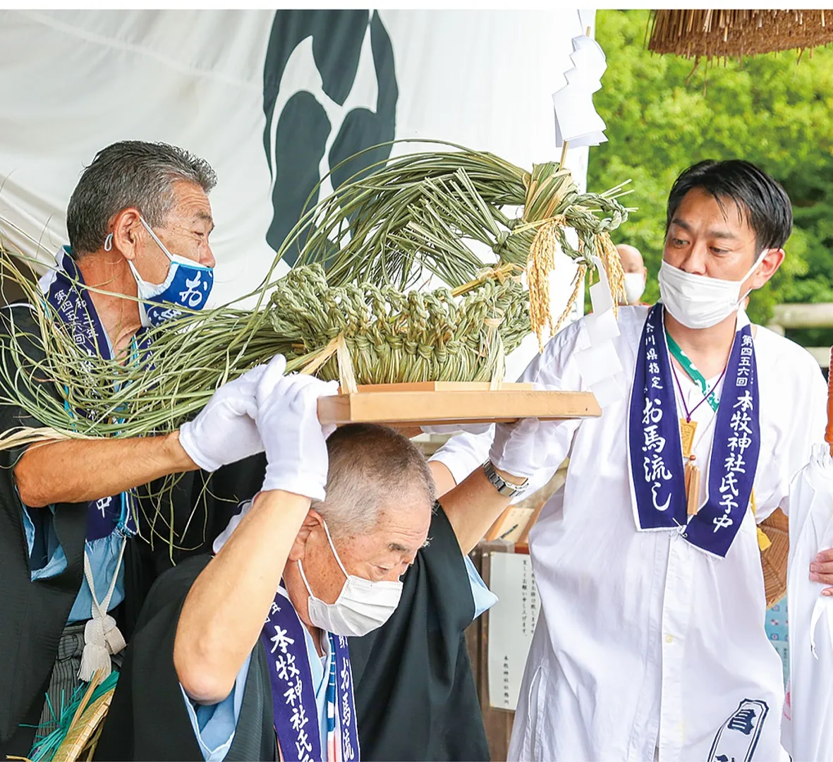 お馬さまを頭上で渡す（昨年の様子）＝神社提供