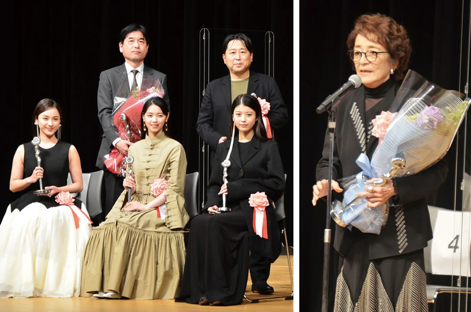 【写真左】『恋は光』の関係者たち。前列左から最優秀新人賞に選ばれた平祐奈さん、西野七瀬さん、馬場ふみかさんの３人(神尾楓珠さんは欠席)。後列右は監督賞を受賞した小林啓一監督【写真右】あいさつに立った倍賞さん