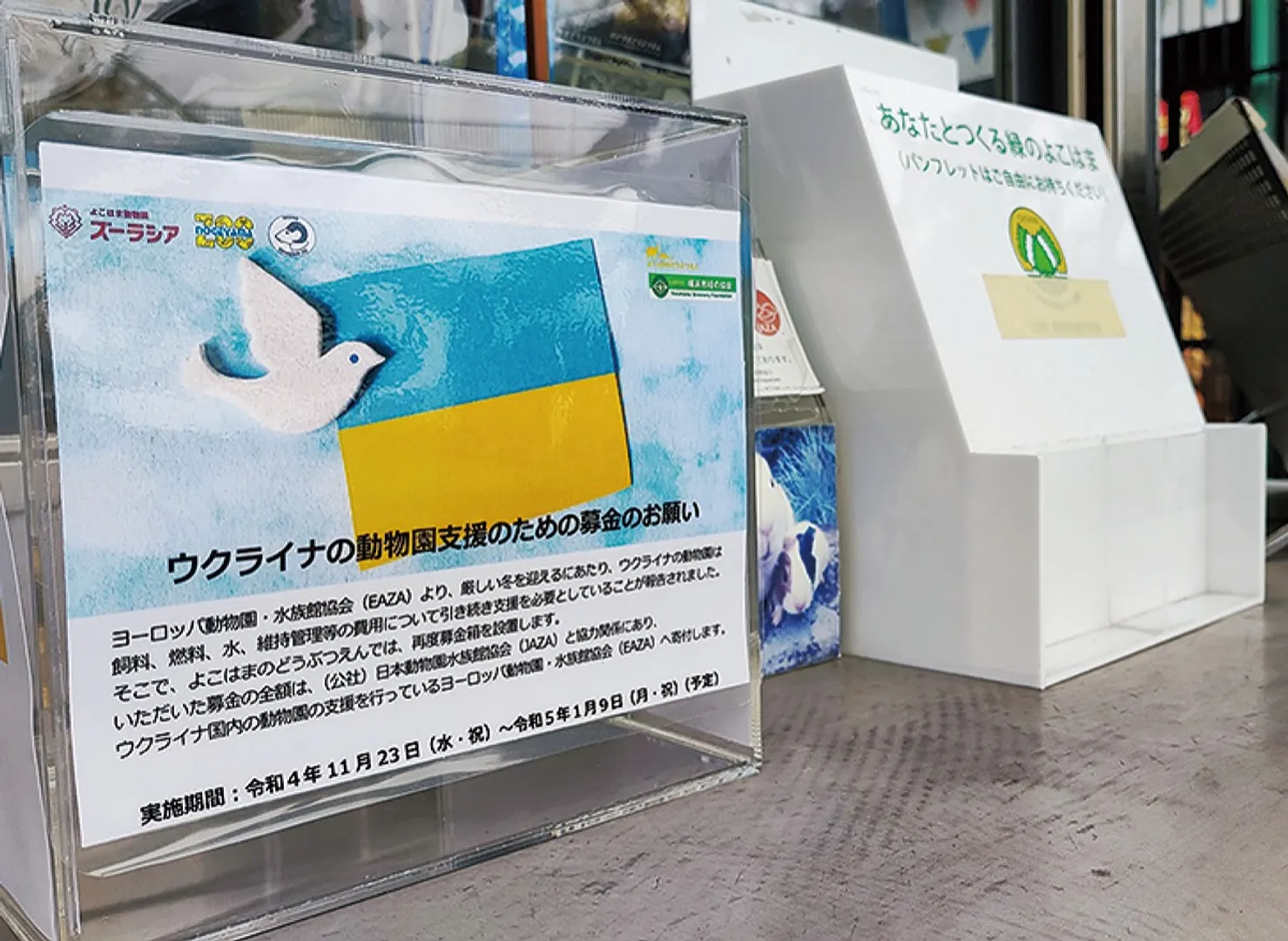 入園口の案内所前に設置されている募金箱