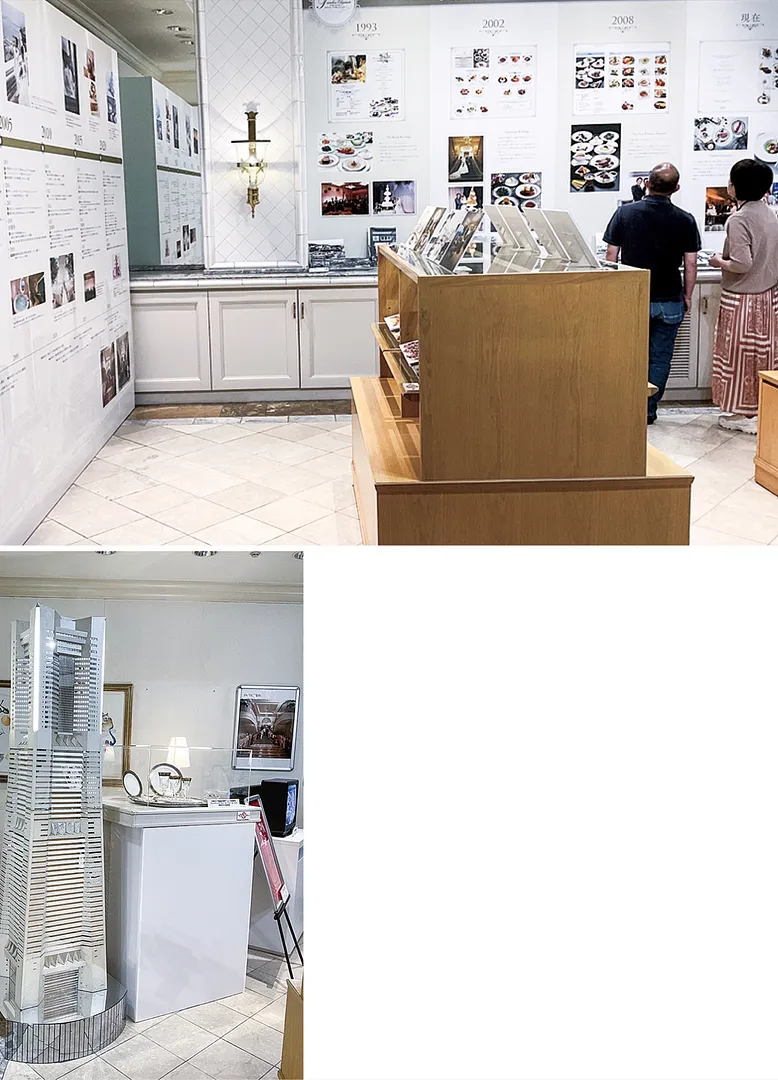 ▲横浜・みなとみらいと歩んだ歴史がわかる年表（写真左）を展示◀開業時に作られた外観モニュメントや天皇皇后両陛下が使用した貴重な食器も