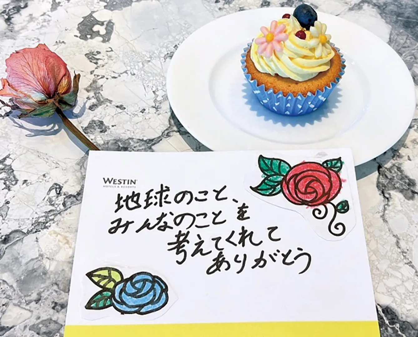 寄付者に贈られた３点セット。メッセージカードは児童が描いた＝同ホテル提供