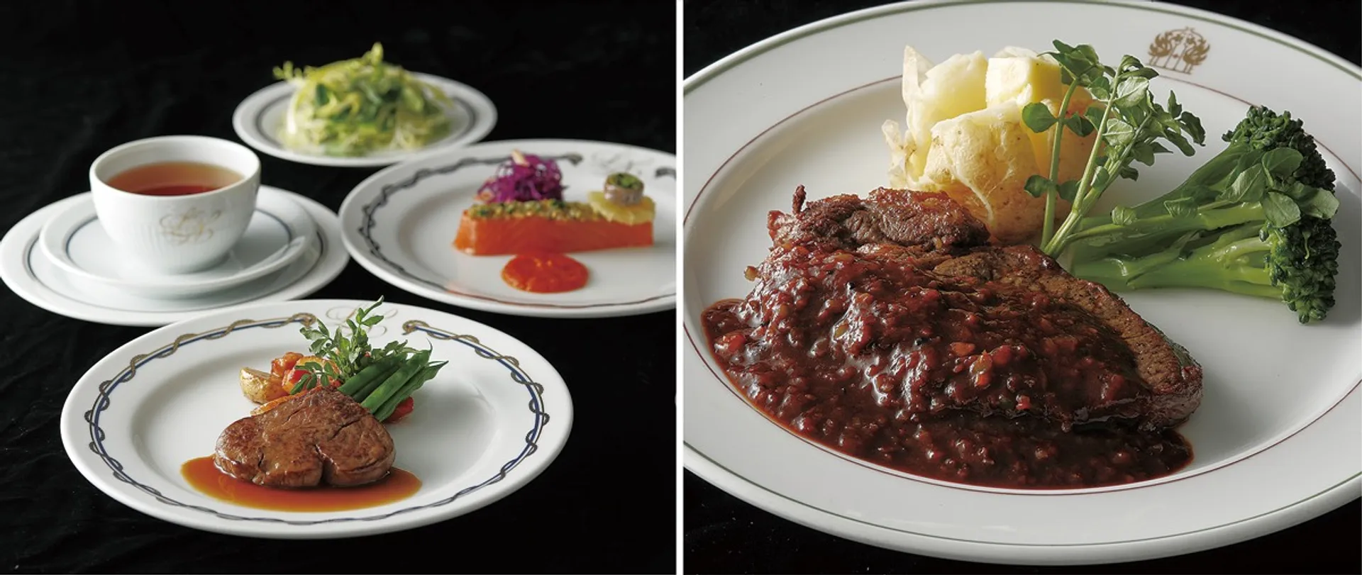 選手村で提供された当時のメニューを基に再現した「ル・ノルマンディ」のコース料理（写真左・13,310円）と「ザ・カフェ」で提供中のペッパー・ステーキ（同右・セットで6,110円）。どちらも税サ込。９月５日まで
